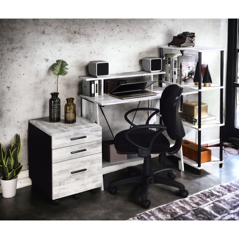 Bureau d'écriture blanc antique et noir pour salon - Structure métallique stable, rangements pratiques avec ports et tiroirs, piètement fini, traverse, 2 prises électriques, 2 tiroirs