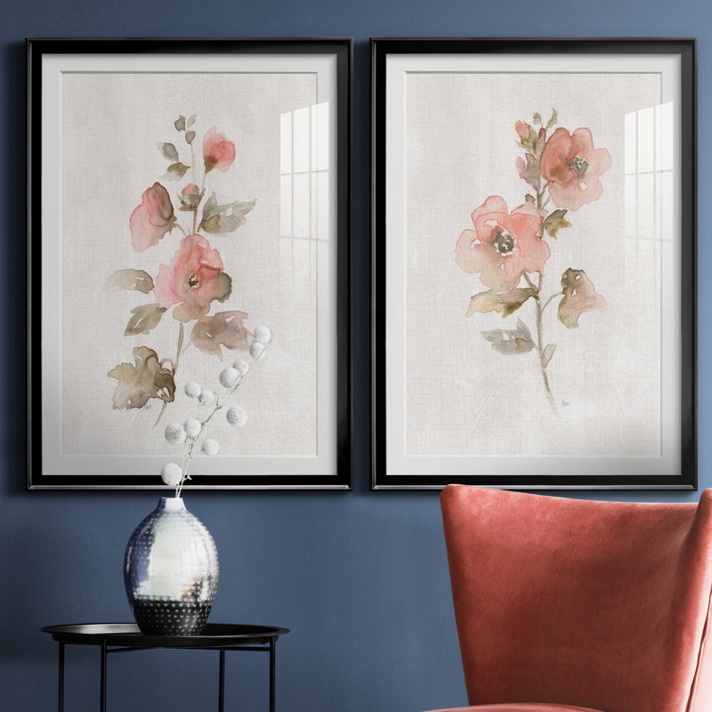 «Blush Sweetly I», ensemble de 2 reproductions d'art, H 26,5 po x l 73 po x P 1,5 po, Papier encadré noir, Blanc