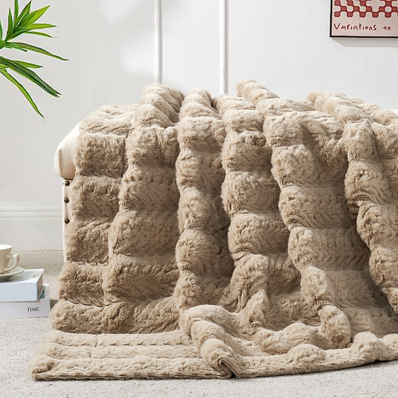Tread Pattern Rabbit Faux Fur Throw, Light Taupe, 50'' x 60''