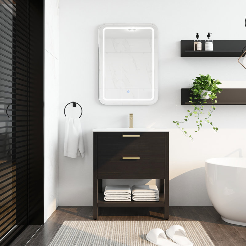 Meuble-lavabo 30 po avec lavabo et 2 tiroirs à fermeture douce, poignée dorée, meuble-lavabo
