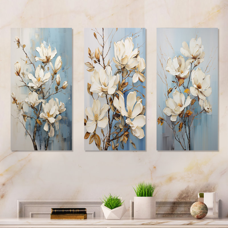 Beautiful Beige And Gold Dreamscape Magnolia - Magnolias Metal Prints Set Of 3, 32" H x 48" W