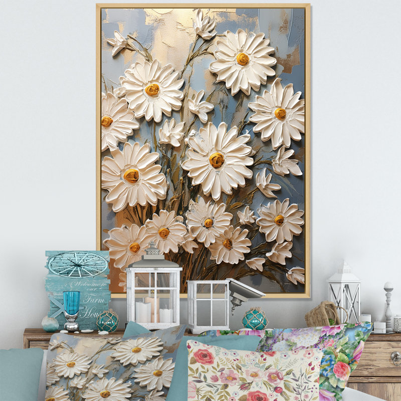 Marguerite blanche en fleurs élégance I, Cadre naturel flottant, H 32 po x l 24 po x P 1 po