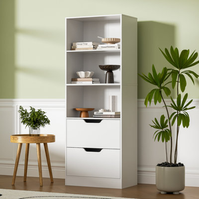 Bibliothèque à 2 tiroirs, bibliothèque à 3 niveaux de 63 po avec rangement, bibliothèque à 3 tablettes avec tablette réglable, bibliothèque moderne, bibliothèque à tablettes ouvertes pour bureau, chambre à coucher et bureau personnel, blanc