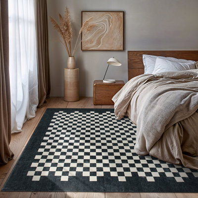 Contemporary Checkered Border Washable Non Slip Area Rug