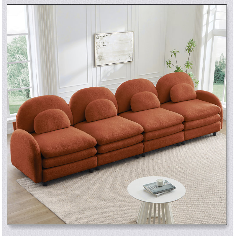 Canapé 4 places en tissu Teddy doux comme un nuage, dossier et accoudoirs incurvés avec coussins lombaires, canapé modulable avec coussin double couche de soutien