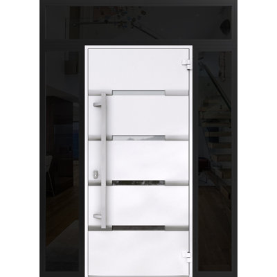 Porte avant en acier pré-suspendue à l'avant / deux portes en émail noir 1105/2 fenêtres latérales et latérales supérieures en acier inoxydable avec insertions en métal peintes de style moderne W16 + 36 + 16 "x H80 + 16" à gauche