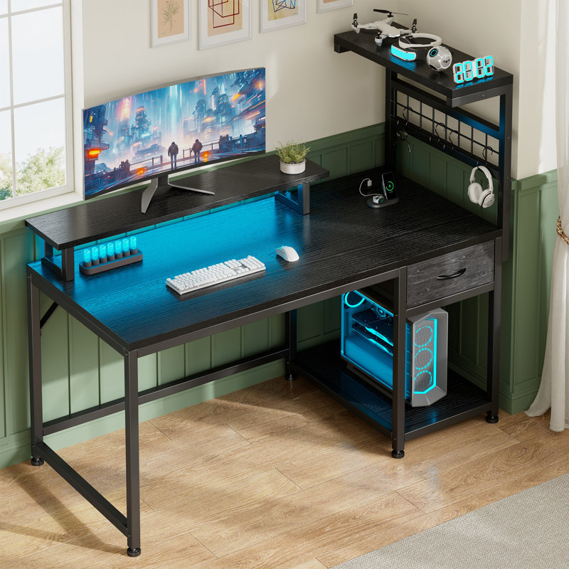 Top S Steel Computer Desk with Built-In Electrical Outlet, 51.2" H x 40" W x 19.7" D, Black