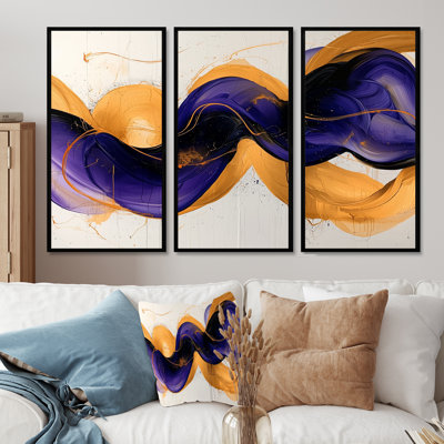 Lavande dorée, motifs voilés abstraits - art mural vagues - ensemble de 3