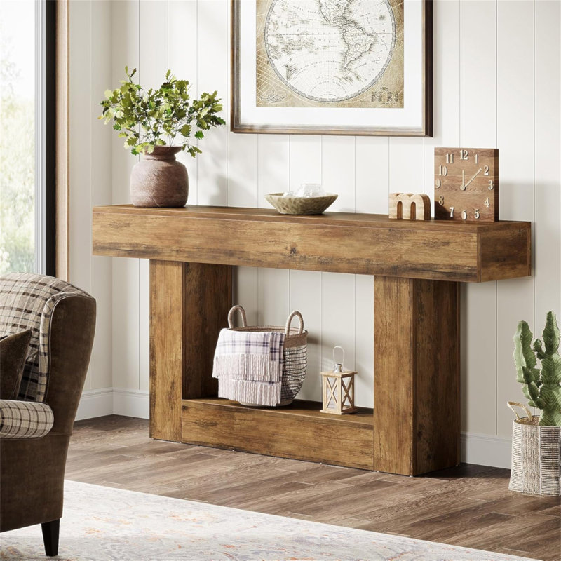 Console de 63 po, table d'entrée à 2 niveaux Farmhouse avec base en forme de U, canapé long en bois étroit derrière le canapé pour le salon, couloir, vestibule, brun rétro