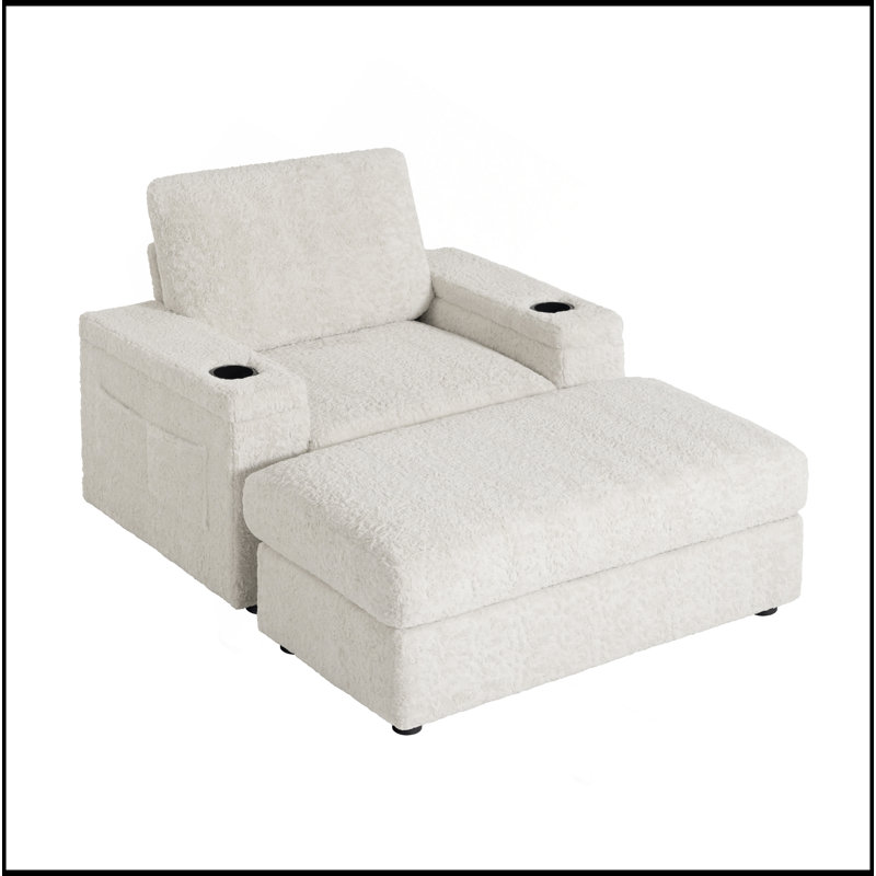 Canapé-lit surdimensionné de 42 po pour l'intérieur, en fausse fourrure de lapin avec repose-pieds et accoudoirs de rangement, porte-gobelets, fauteuil-lit rembourré, canapé-lit avec siège profond pour le salon, la chambre à coucher,