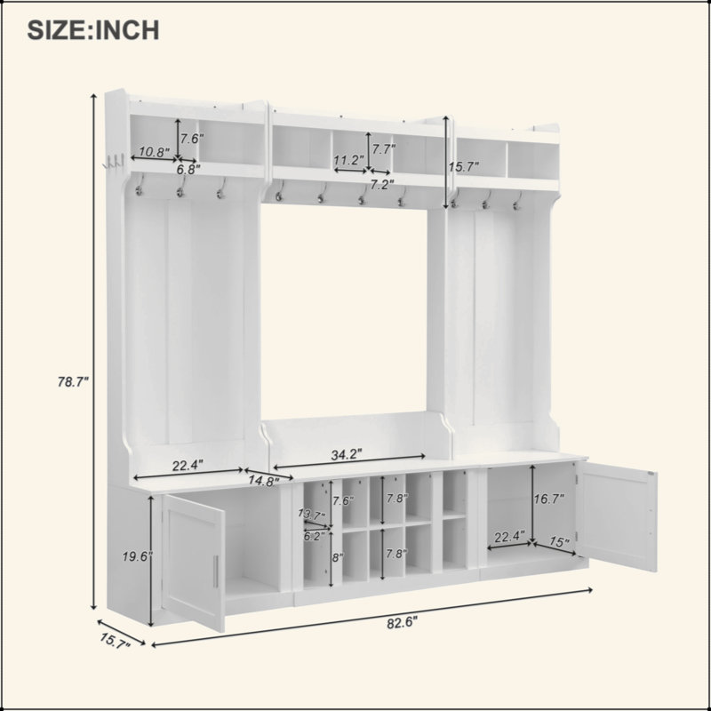Arbre d'entrée large avec rangement et banc, banc d'entrée multifonctionnel 4-en-1 avec portemanteau et casiers à chaussures, mobilier pratique pour le couloir