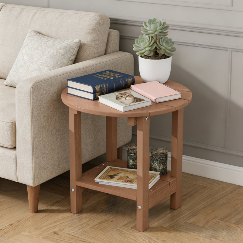 18" Round Outdoor Side Table HIPS Adirondack Table with Storage Shelf 2-Tier Plastic Adirondack End Table for Patio, Backyard or Balcony, Teak