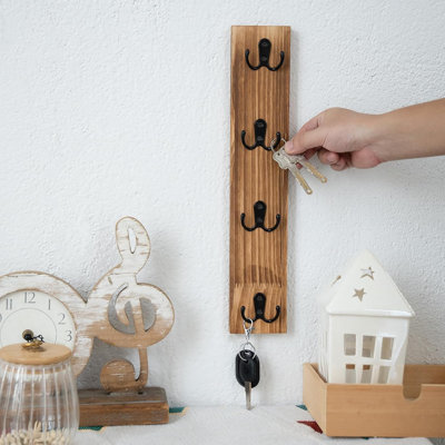 Brown Vertical Wall Mount Key Holder with Hooks, Space‑Saving Decorative Wall Organizer for Keys and Wallets