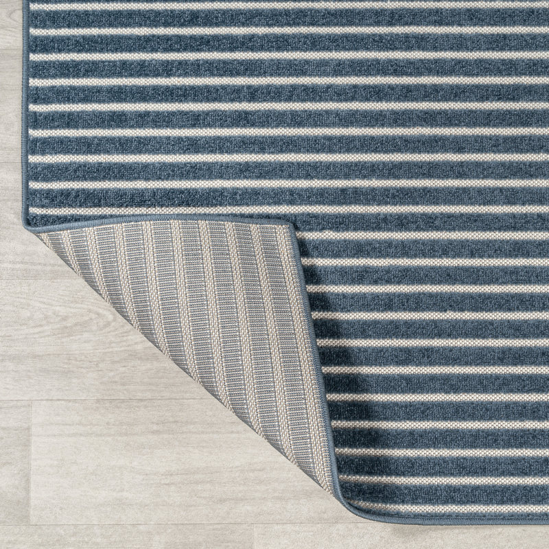 Fincham High-Low Minimalist Scandi Striped Navy/ivory Indoor/Outdoor Rug, Rectangle 7'10" x 10'
