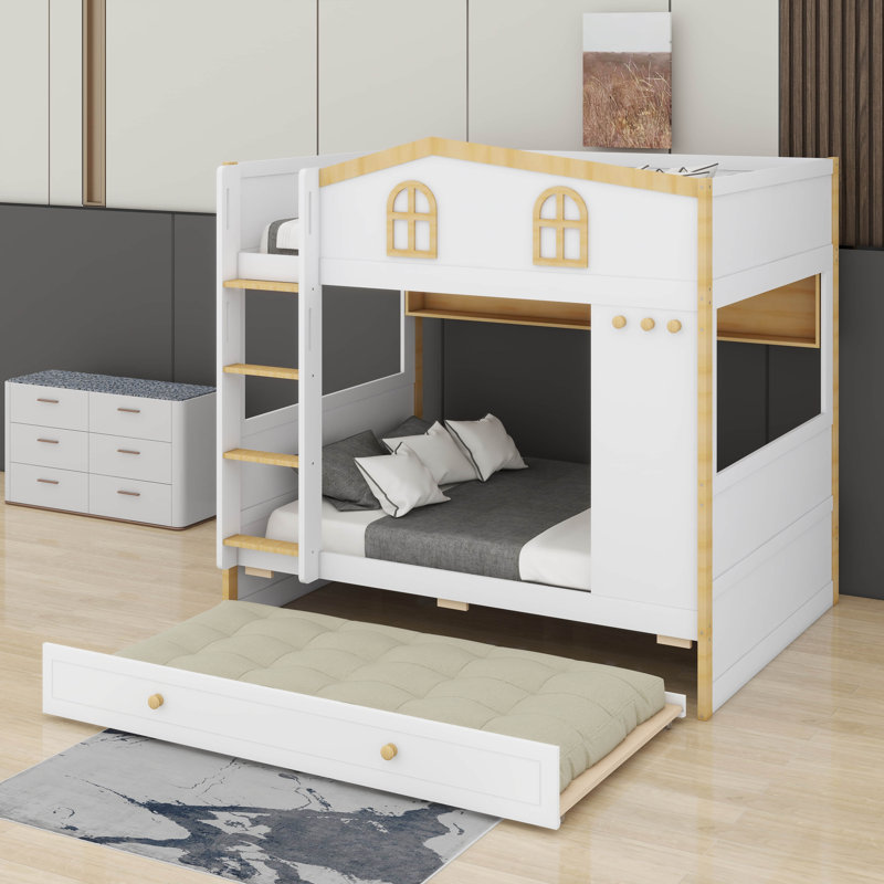 Lit superposé avec garde-corps en forme de maison et lit gigogne, lit superposé en bois avec tablettes de rangement