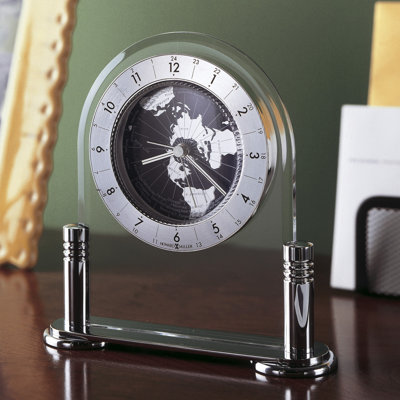 World Time Glam Analog Acrylic Quartz Movement / Crystal Tabletop Clock with Alarm in Polished Silver/Clear