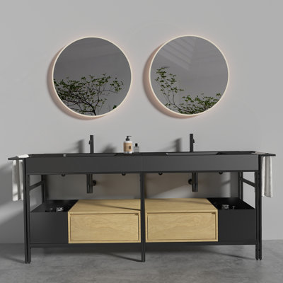 72"(36Inch*2) Industrial Style Modular Bathroom Vanity With A Robust Metal Frame And Is Topped With A Seamless, Easy-To-Clean Black Artificial Stone Basin, Without Drainage And Faucet