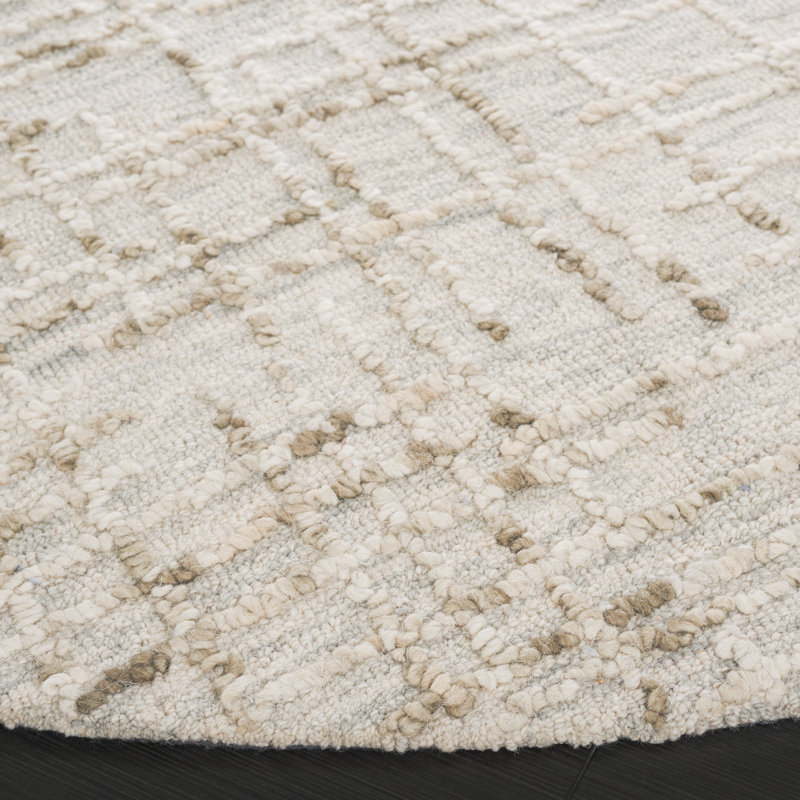 Tapis abstrait en laine / coton touffeté à la main Venesta en beige / gris / sauge, Rond 6 pi