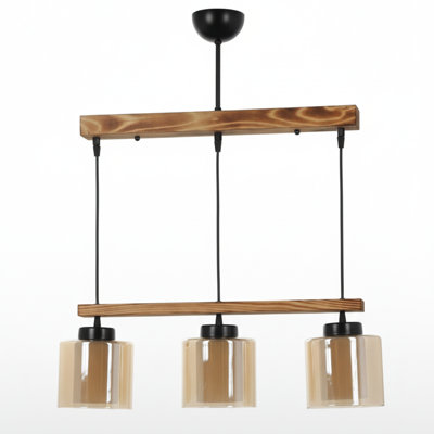 Luminaire suspendu linéaire en bois avec abat-jour en verre à hauteur réglable 3 lumières Larkspur