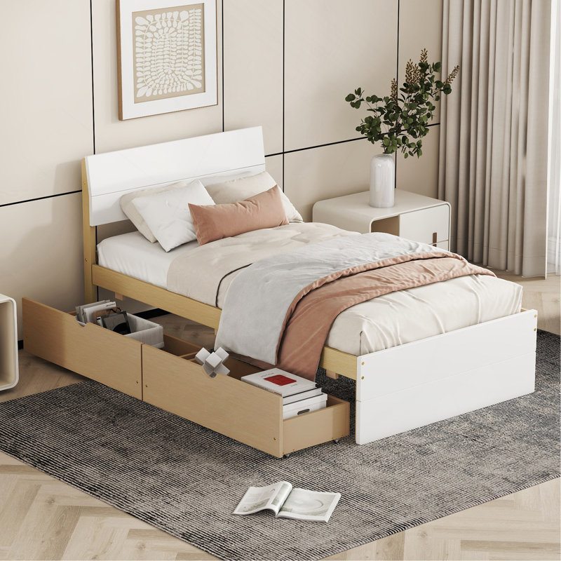 Structure de lit simple moderne avec 2 tiroirs pour tête et pied de lit blanc brillant