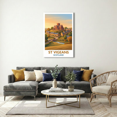 St Vigeans, Scotland - Hilltop Church And Pictish Stones Travel Poster, Romantic Highland Village. Giclee Print On Wrapped Canvas. Wall Art, Home Decor - Religious & Cultural Sites, Scotland - Wrapped Canvas Print