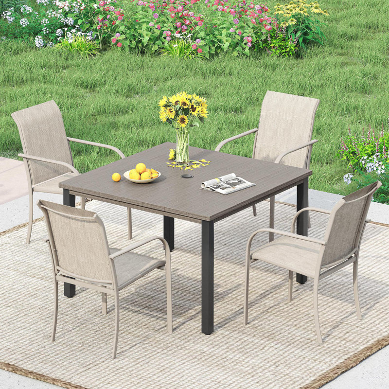 Patio dining set with Metal Square Dining Table and 4 Stackable Armrest Dining Chairs, Brush Wood Gray/Sandshell