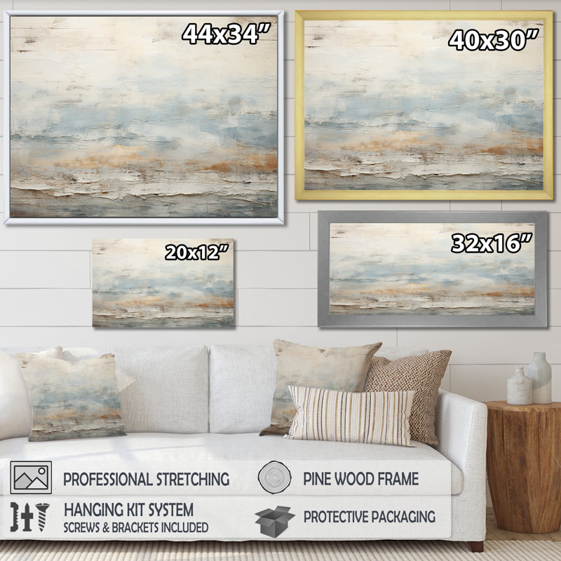 «Beige Blue Ocean Storm», reproduction d'art sur toile, formes abstraites, H 24 po x l 32 po x P 1 po, Cadre flottant doré