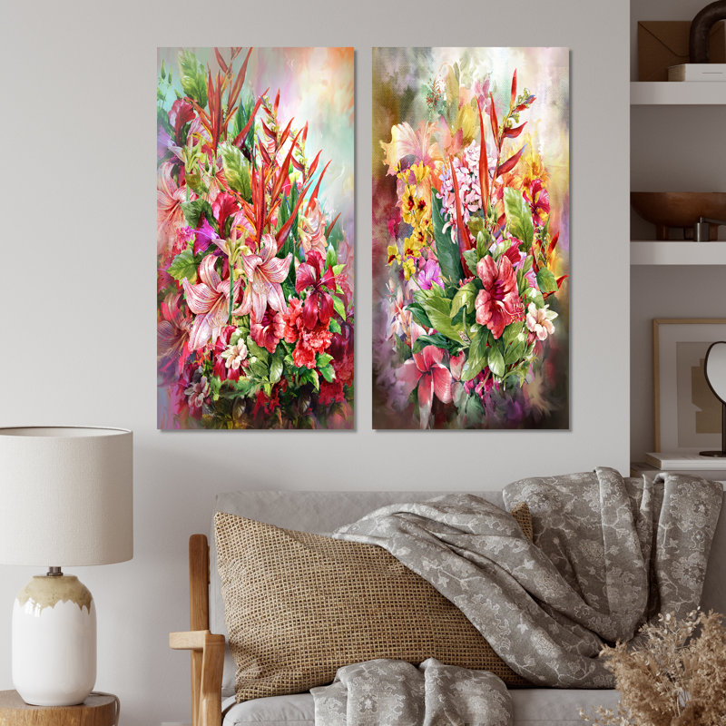 Ensemble de 2 peintures sur toile rétro multicolores printanières, Toile tendue, H 40 po x l 40 po x P 1 po