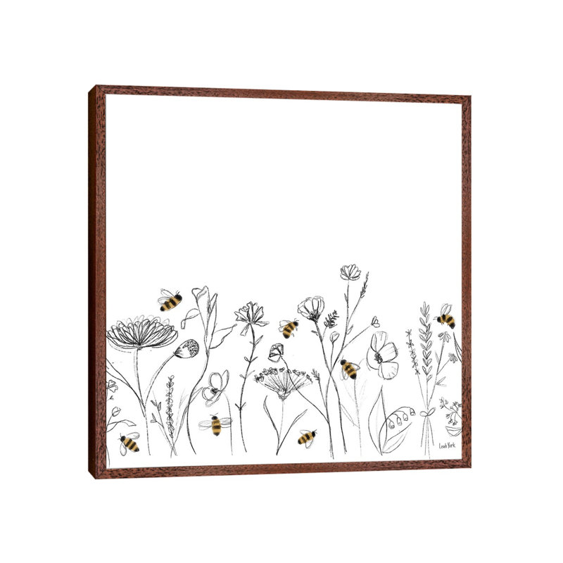 Bees And Botanicals Pattern IX by Leah York - Painting on Canvas, Classic Brown Wood Framed, 66.04cm H x 66.04cm W x 3.81cm D