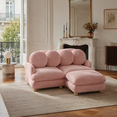 Canapé Comfy en chenille, canapé 3 places profond avec 4 coussins décoratifs, repose-pieds mobile, structure en bois massif pour le salon, la chambre à coucher, rose