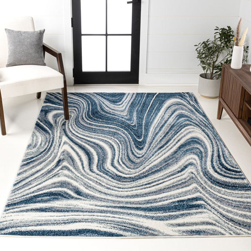 Ledea Contemporary Glam Abstract Marble Turquoise/Cream Rug, Rectangle 3' x 5'