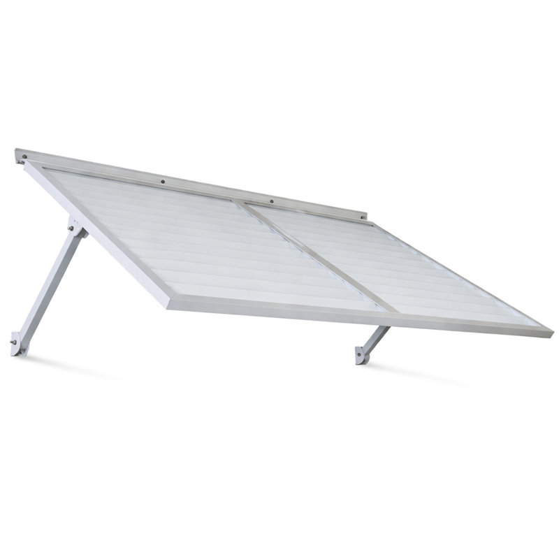 Auvent métallique White Ridge 5.6, fabriqué en aluminium léger pour l'extérieur, finition contemporaine en peinture poudre solide, charnière continue avec solin intégré, conception d'installation efficace.
