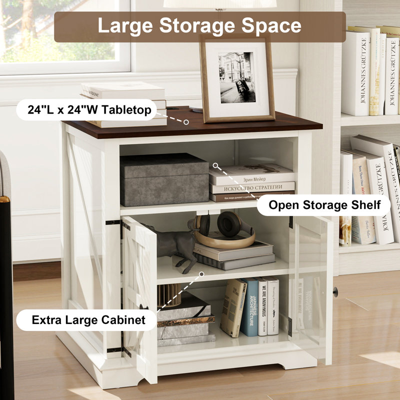 End Table With Charging Station, 24" Farmhouse Nightstand With Barn Door, White