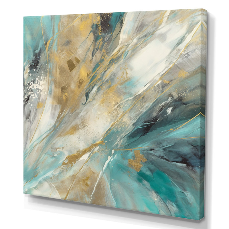 Golden Hour in Turquoise Waves IV - Art mural abstrait, H 16 po x l 16 po x P 1 po, Toile tendue