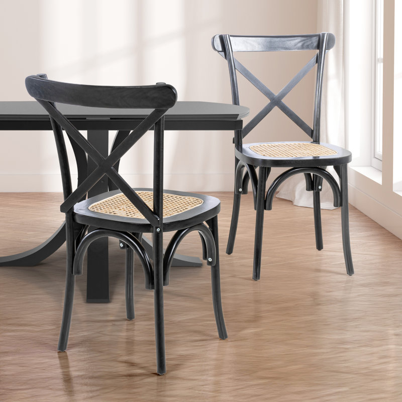 Cassis Farmhouse Black Solid Mahogany Wood Cross-Back Dining Chairs, with Woven Rattan Seat for Kitchen and Dining Room