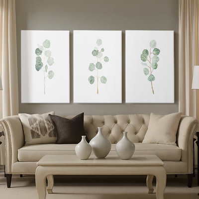 Douce branche d'eucalyptus I - Toile tendue sur mesure avec châssis - 3 pièces