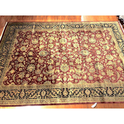 Hand Knotted Jaipur Rug 10x14, Burgundy Indian Wool Area Rug, Traditional Floral Carpet, Handmade Luxury Living Room Rug