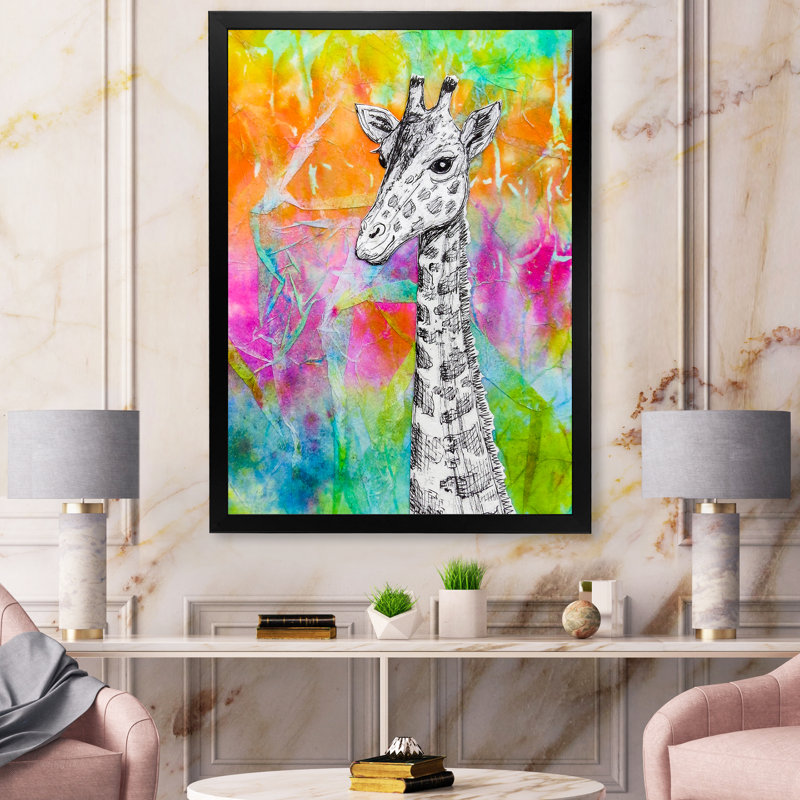 Girafe blanche, dessin sur arc-en-ciel lumineux - peinture sur toile, H 40 po x l 30 po x 1,5 po, Toile avec cadre noir
