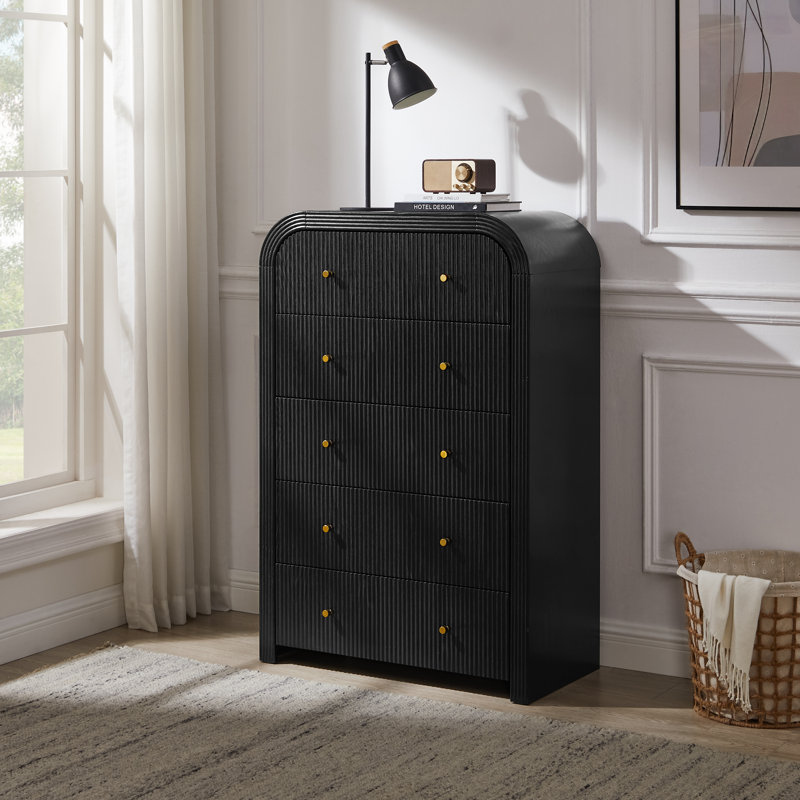 Fluted 5 Drawers Dresser For Bedroom, 48" Tall Modern Chest Of Drawers For Bedroom, Living Room, Hallway, Black Oak
