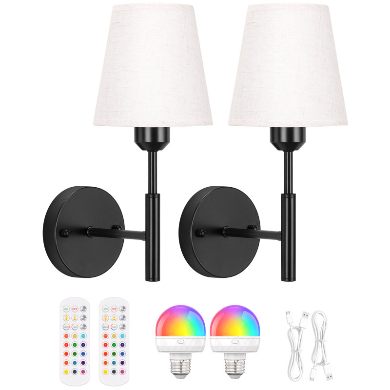 Ensemble de deux appliques murales rechargeables sans fil à piles avec télécommande, avec 5 ampoules à intensité variable détachables