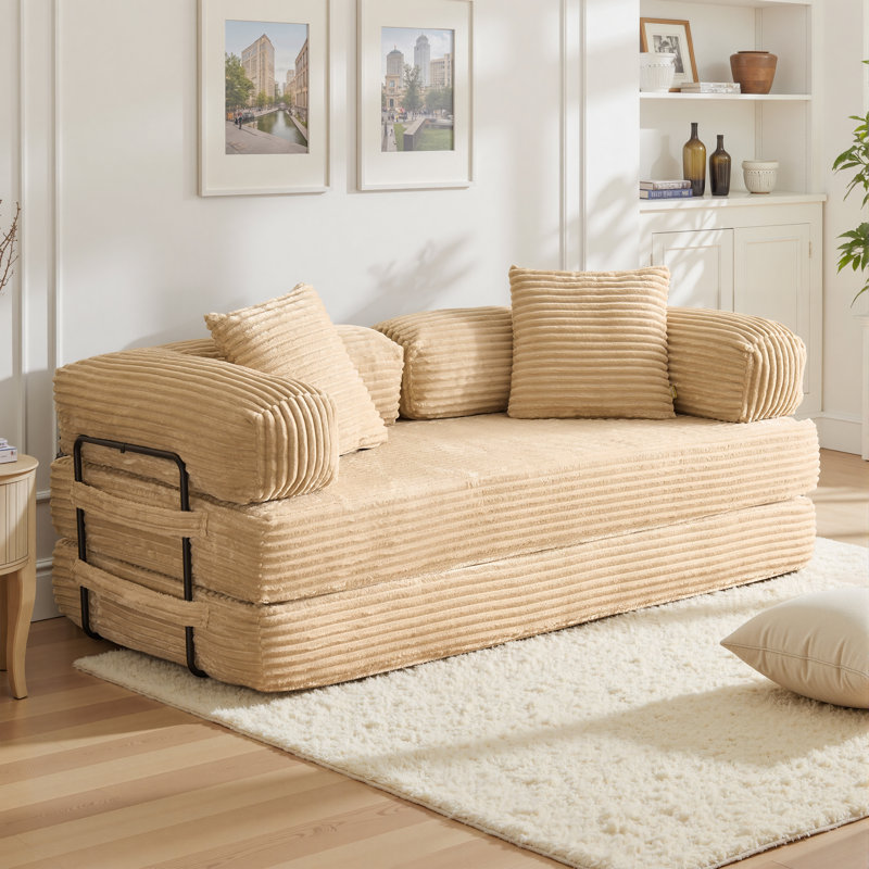 Boneless No Assembly Required Compression Packed 2 Person Fabric Sofa Bed, High Rebound Density Sponge Sofa, Beige Corduroy