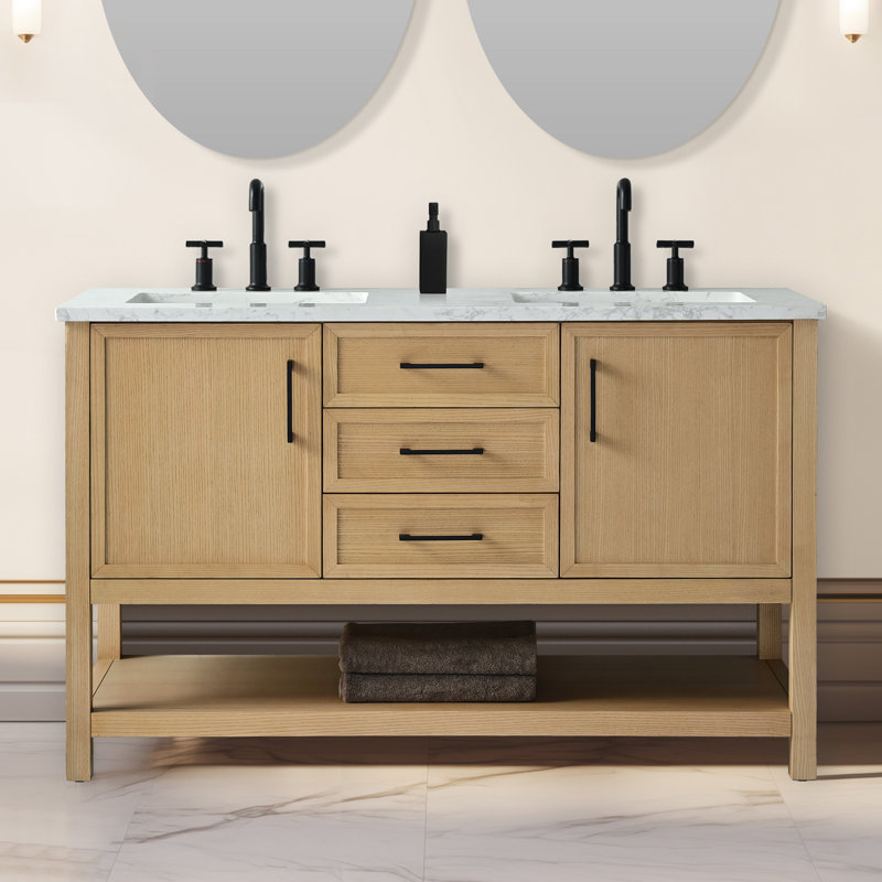 Stratford 54'' Double Bathroom Vanity with Engineered Stone Top, Light Oak/Matte Black