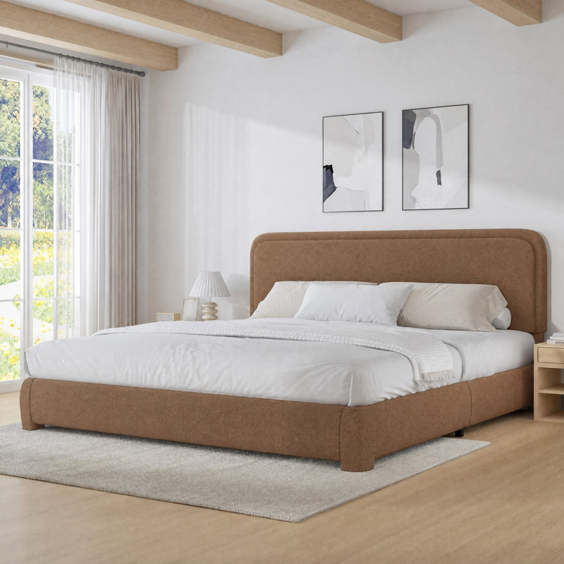 Boucle Upholstered Bed Frame  Soft Rounded Corners Headboard Low Profile Bed Frame No Box Spring Needed, Gray, Twin