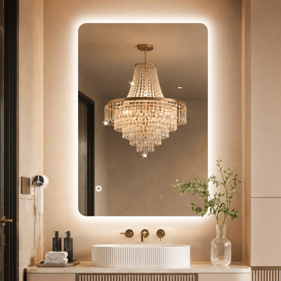 Miroir de salle de bain doux à coins arrondis rétro-éclairé à DEL sans cadre, 3 températures de couleur à intensité variable, verre trempé, montage horizontal ou vertical, certifié UL / ETL