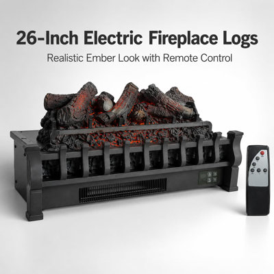 Ensemble de bûches électriques de 66 cm (26 po), monochrome, 3 niveaux de luminosité, télécommande incluse, 120 V, 1 500 W (norme américaine), à ​​insérer dans une cheminée existante, finition noire.
