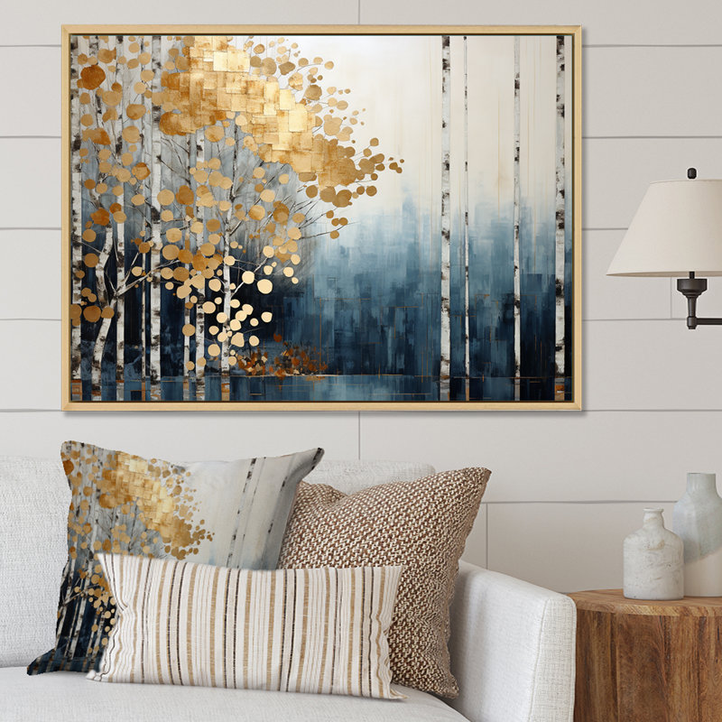Minimalisme bleu et forêt dorée - art mural forêt, H 34 po x l 44 po x P 1,5 po, Cadre naturel flottant