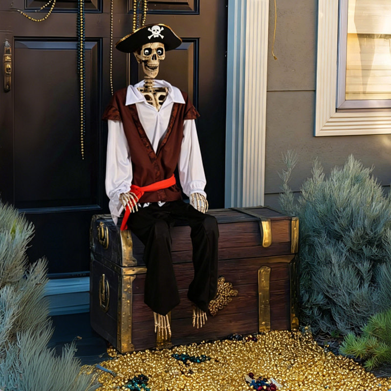 5.6 Ft Halloween Pirate Captain Skeleton Life Size Skull Movable Joints Party Outdoor Decoration