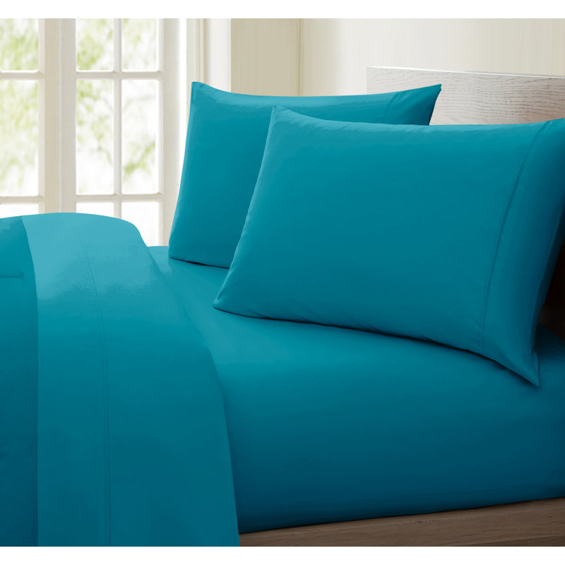 Ensemble de draps en coton de qualité égyptienne 600 fils, Bleu sarcelle, Simple TG + une taie d'oreiller standard