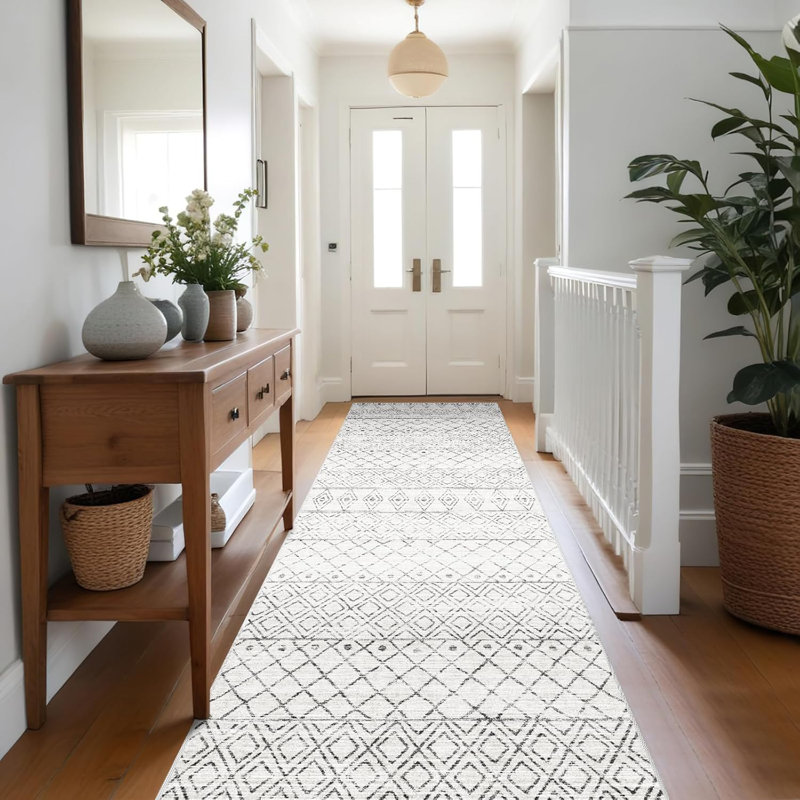 Entryway Rug Washable - Moroccan Small Area Rugs for Entryway Low Pile Indoor Mat Non Slip with Rubber Backing Thin Area Rug Pet Friendly for Front Door Kitchen Bedroom Geo Grey