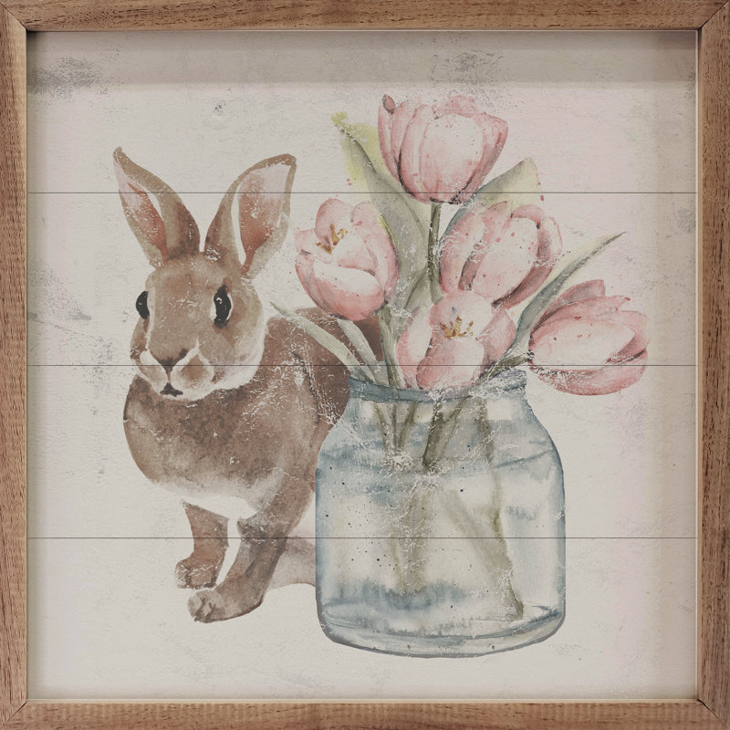 Lapin brun et pot de tulipes, H 16 po x l 16 po x P 1 po